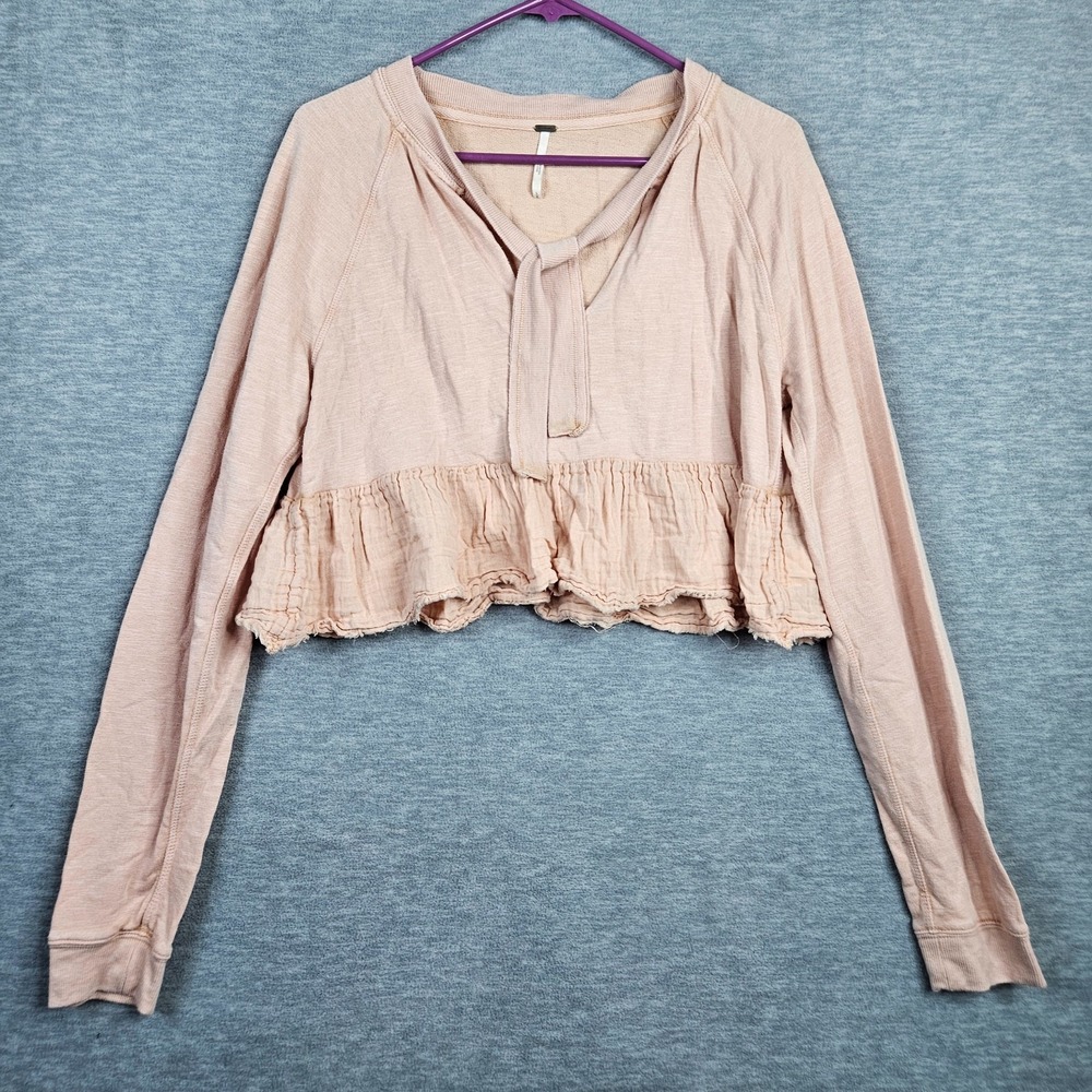 Free People Sweet Jane Pink Tie V-neck Long Sleeve Sweatshirt Top Size S